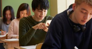 スマートフォンで学習する学生